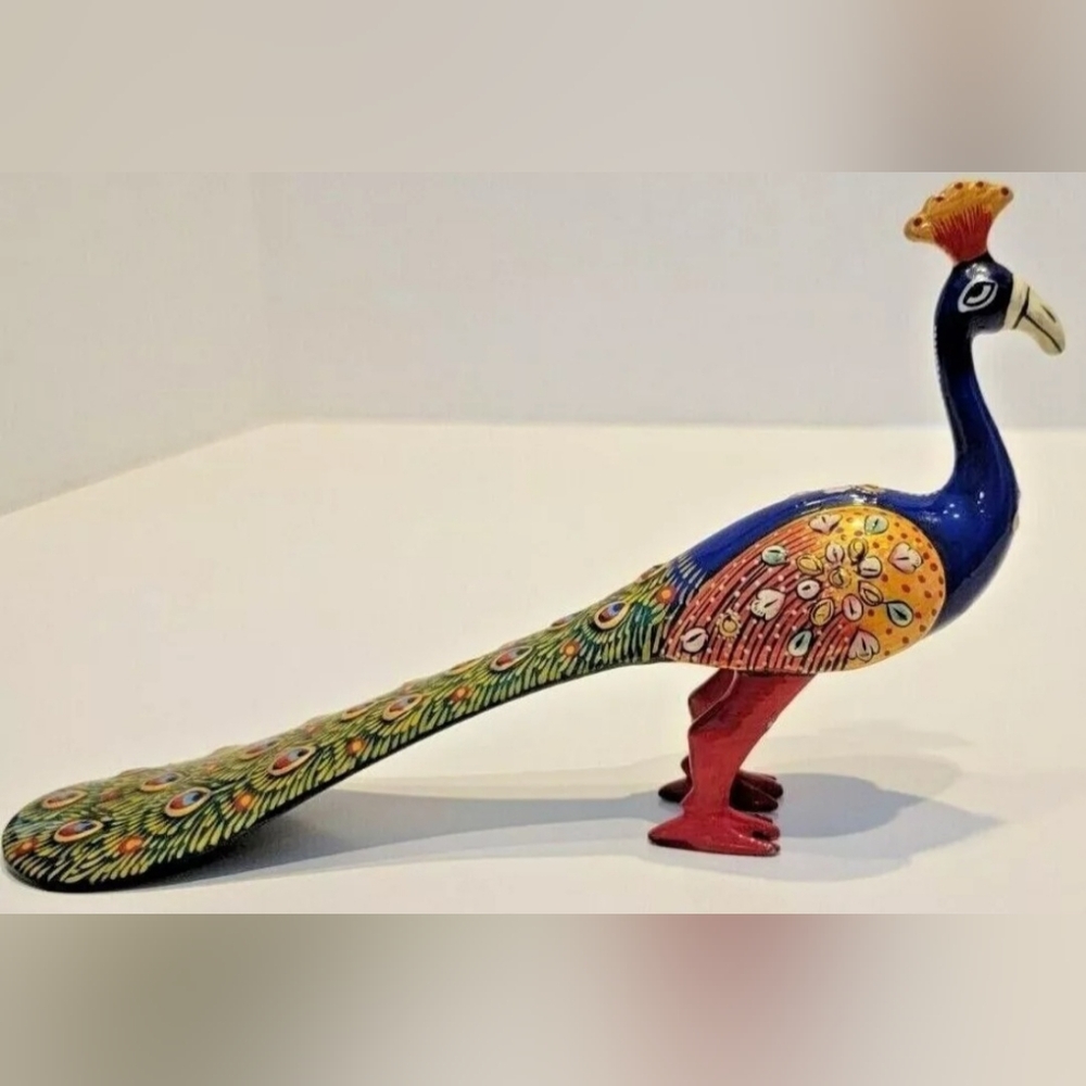 Handcrafted 9" Colorful Peacock Figurine Enamel Handpainted India Pre-owned - Picture 4 of 10